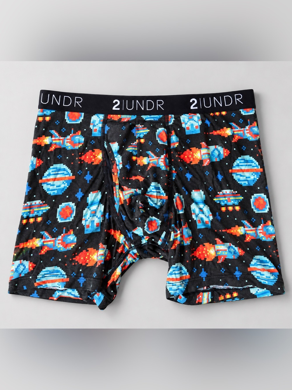 2UNDR Men’s Space Pixel Boxer Briefs - Black with Blue & Orange Print